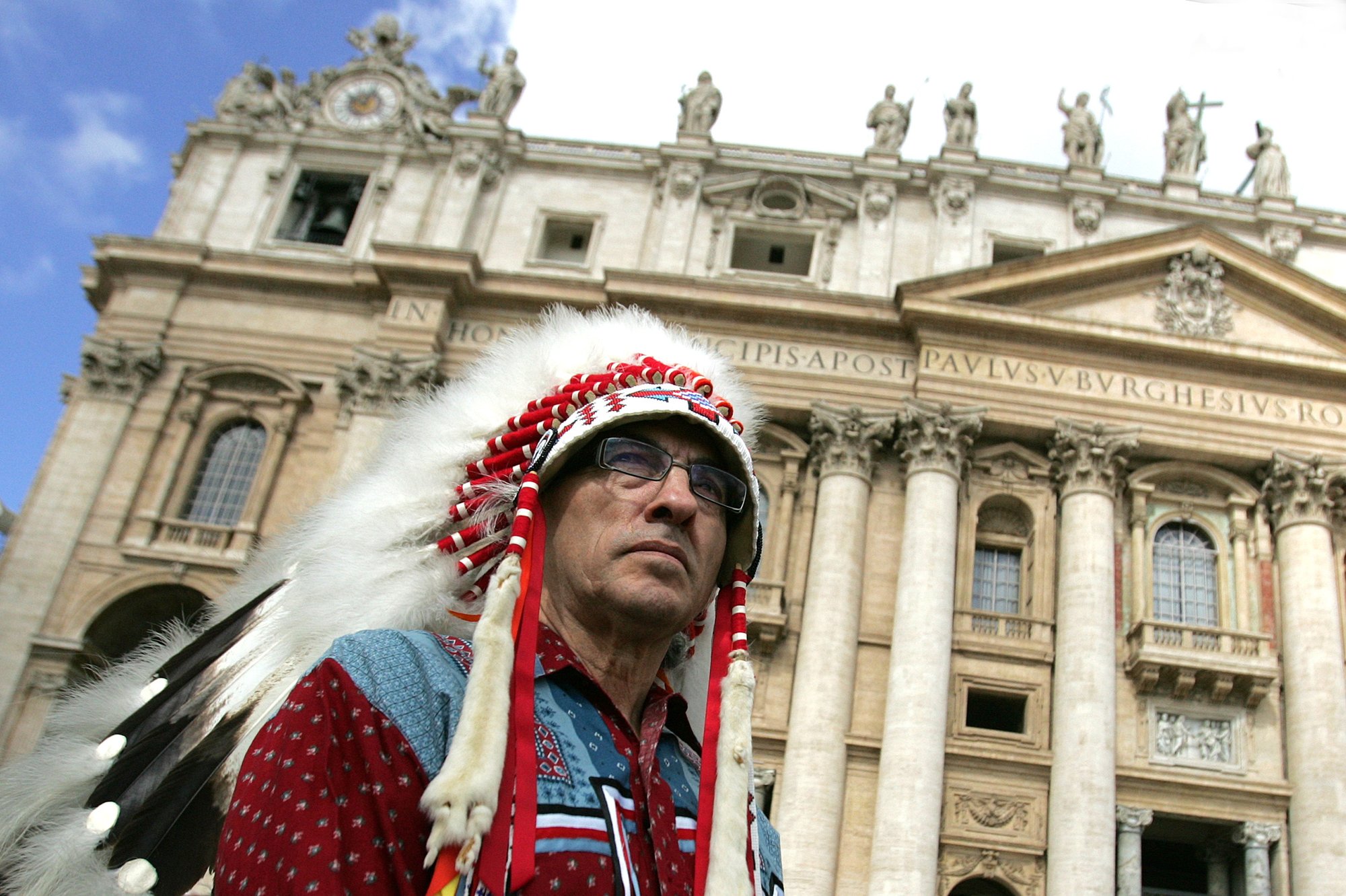 Phil Fontaine, leader of Canada's Assembly of First Nations, attends the general audience with Pope Benedict XVI in St. Peter's Square at the Vatican April 29. Fontaine was among members of a delegation meeting with the pope about the tragic legacy of Indian residential schools, many of which were run by Catholic dioceses and orders. (CNS photo Emanuela De Meo, Catholic Press Photo)