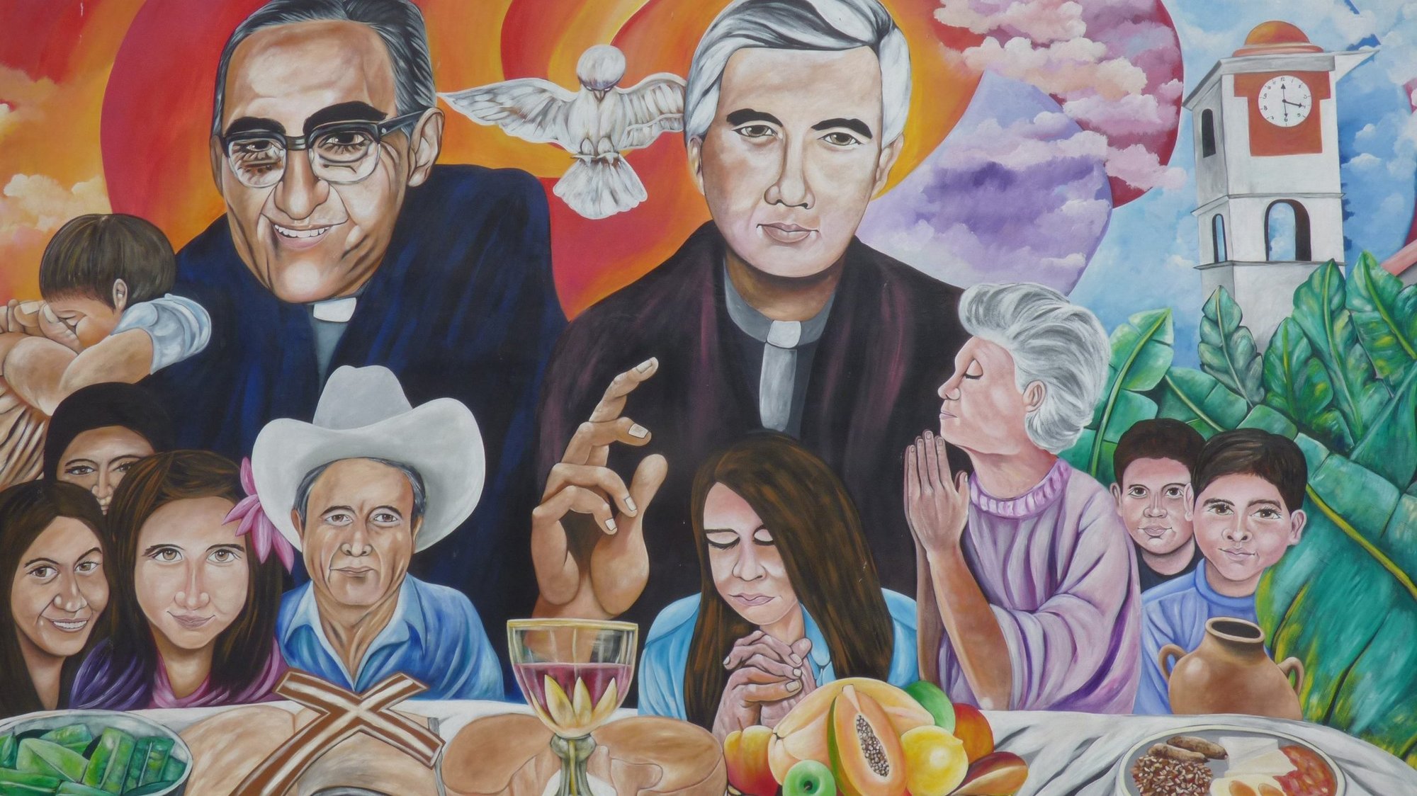 A painting of St. Oscar Romero and Jesuit Father Rutilio Grande is seen in the rectory of San Jose Church in Aguilares, El Salvador. Four Salvadorans, including a teenage boy, Jesuit Father Rutilio Grande and Franciscan Father Cosme Spessotto, will be beatified in El Salvador Jan. 22, 2022, a Salvadoran bishop has confirmed. (CNS photo/Octavio Duran)