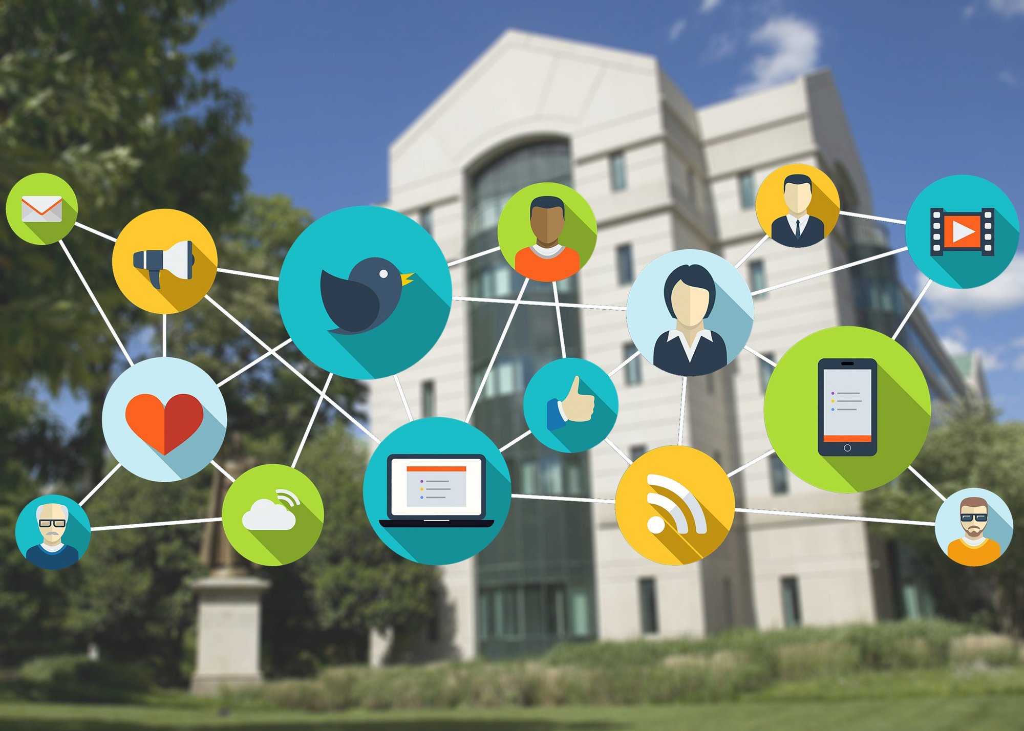 Illustration of media symbols and the U.S. Conference of Catholic Bishops building in Washington, D.C. (Shutterstock/CNS, Tyler Osburn)