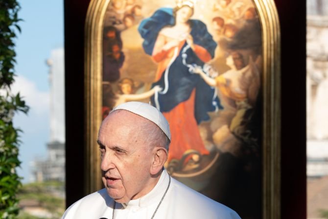 Pope Francis speaks at the at the Grotto of Lourdes in the Vatican Gardens on May 31st, 2021. (Vatican Media/CNA)