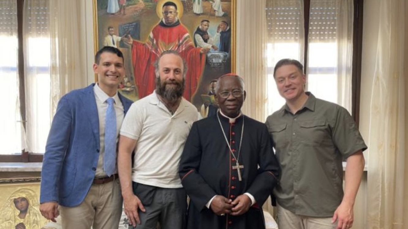 Angelo Libutti and Ray Grijalba meet and interview Nigerian Cardinal Francis Arinze for the movie. (Angelo Libutti via CNA)