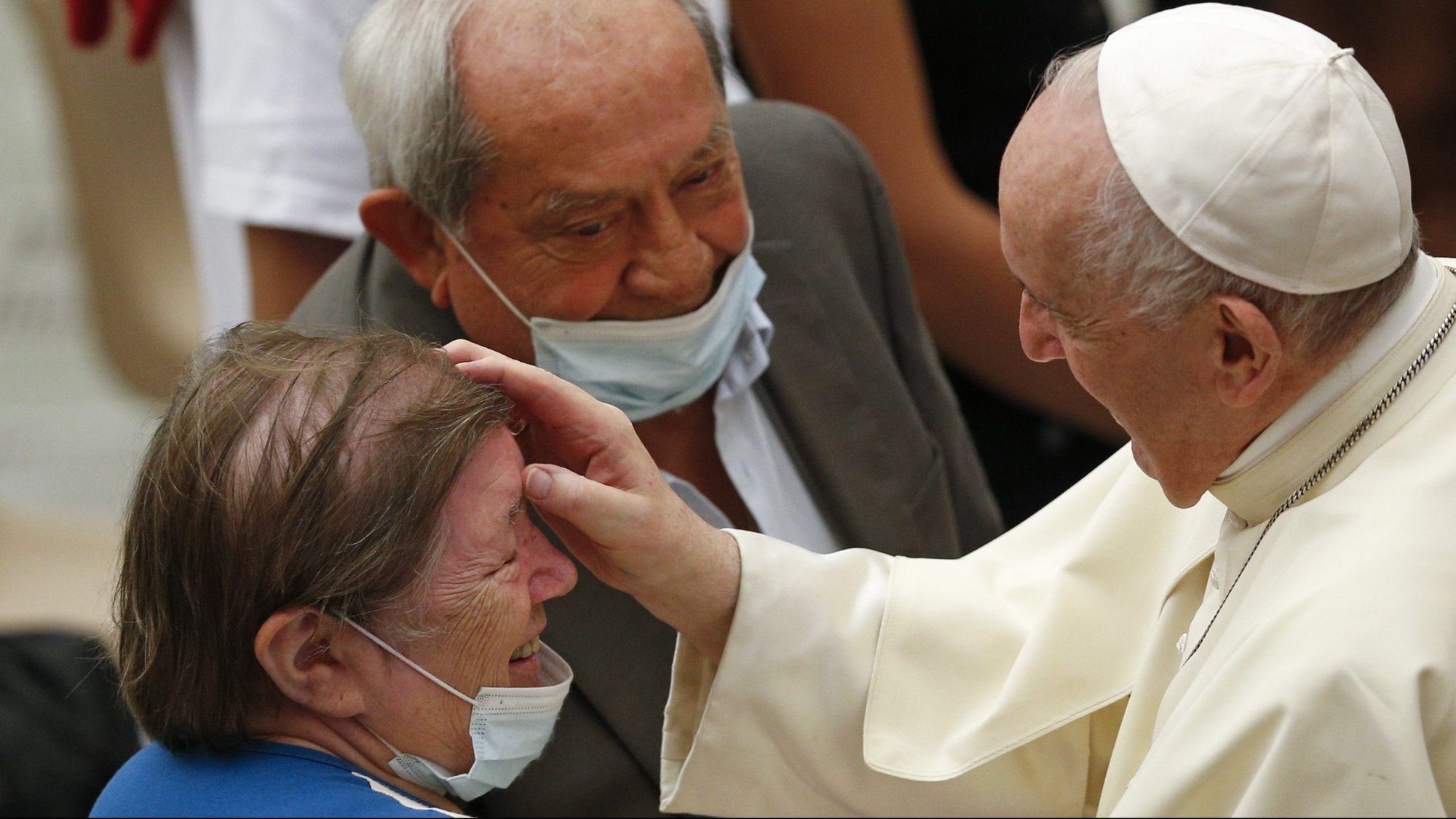 Pope Francis greets people during his general audience in the Paul VI hall at the Vatican Sept. 8, 2021. (CNS photo/Paul Haring)