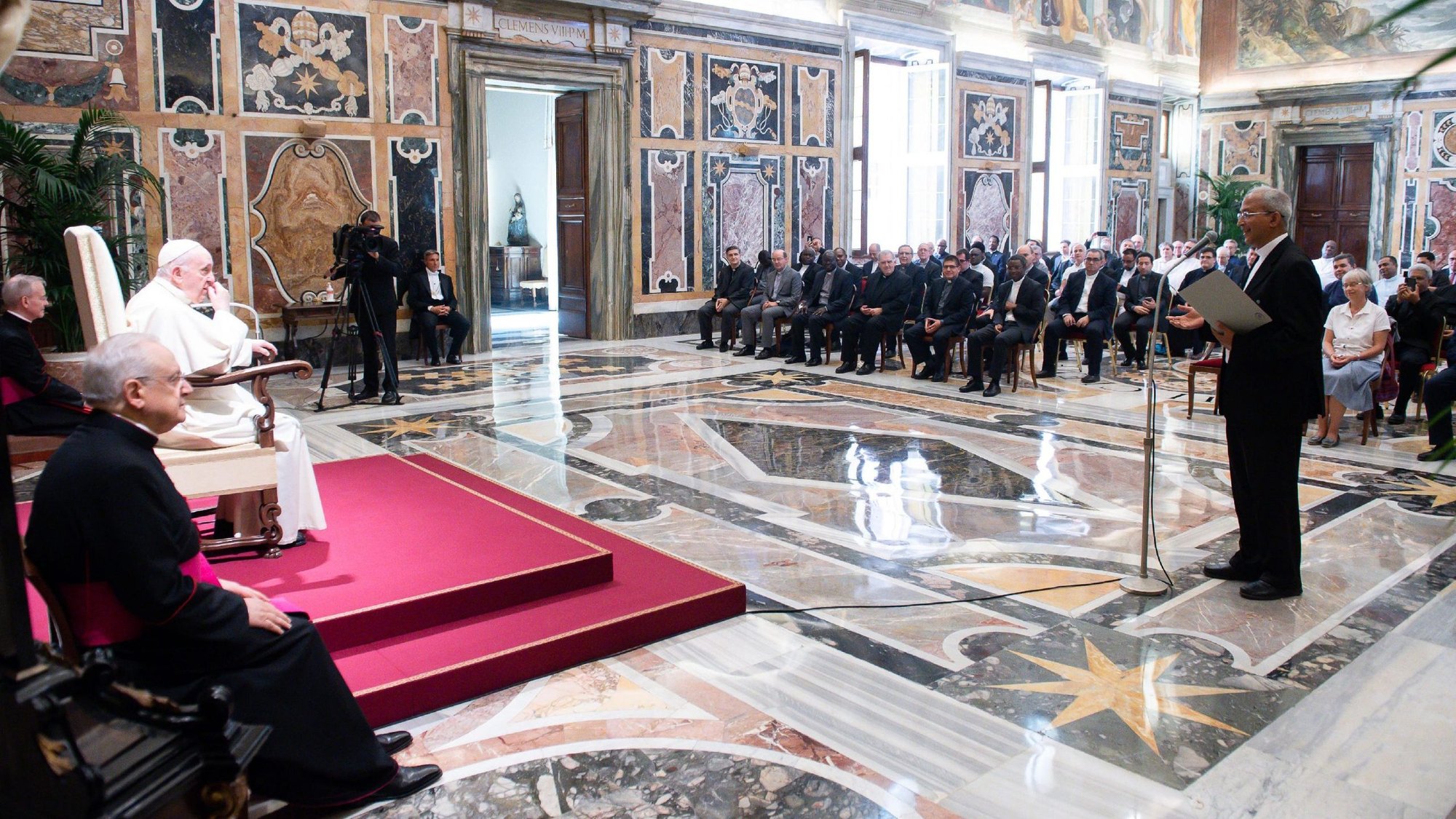 Pope Francis listens as Father Mathew Vattamattam, superior general of the Claretian Missionaries, speaks during an audience with members of the order at the Vatican Sept. 9, 2021. (CNS photo/Vatican Media)