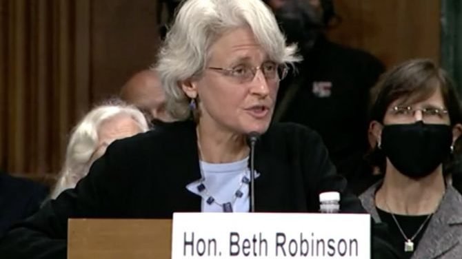 Hon. Beth Robinson, associate justice on the Vermont Supreme Court, testifies before the Senate Judiciary Committee on Sept. 14, 2021. (Senate Judiciary Committee/live stream via CNA)