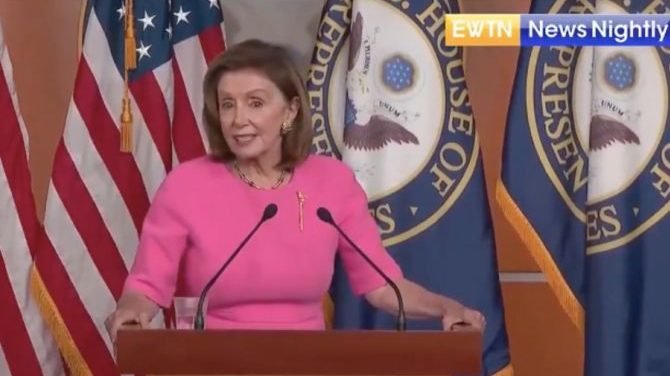 Speaker Nancy Pelosi (D-Calif.) at her weekly Capitol press briefing, Sept. 23, 2021. (EWTN News Nightly via CNA)