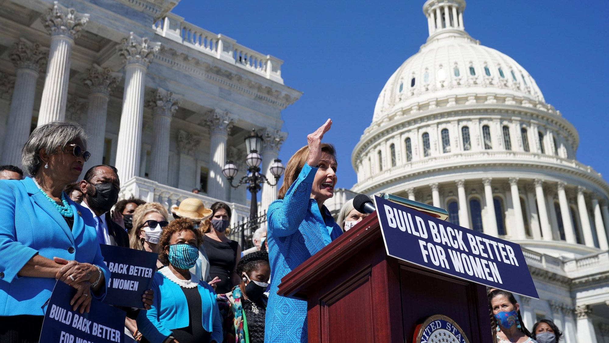 House Speaker Nancy Pelosi, D-Calif., holds a news conference at the U.S. Capitol in Washington Sept. 24, 2021, about the benefits for women in President Joe Biden's "Build Back Better" plan. (CNS photo/Kevin Lamarque, Reuters)