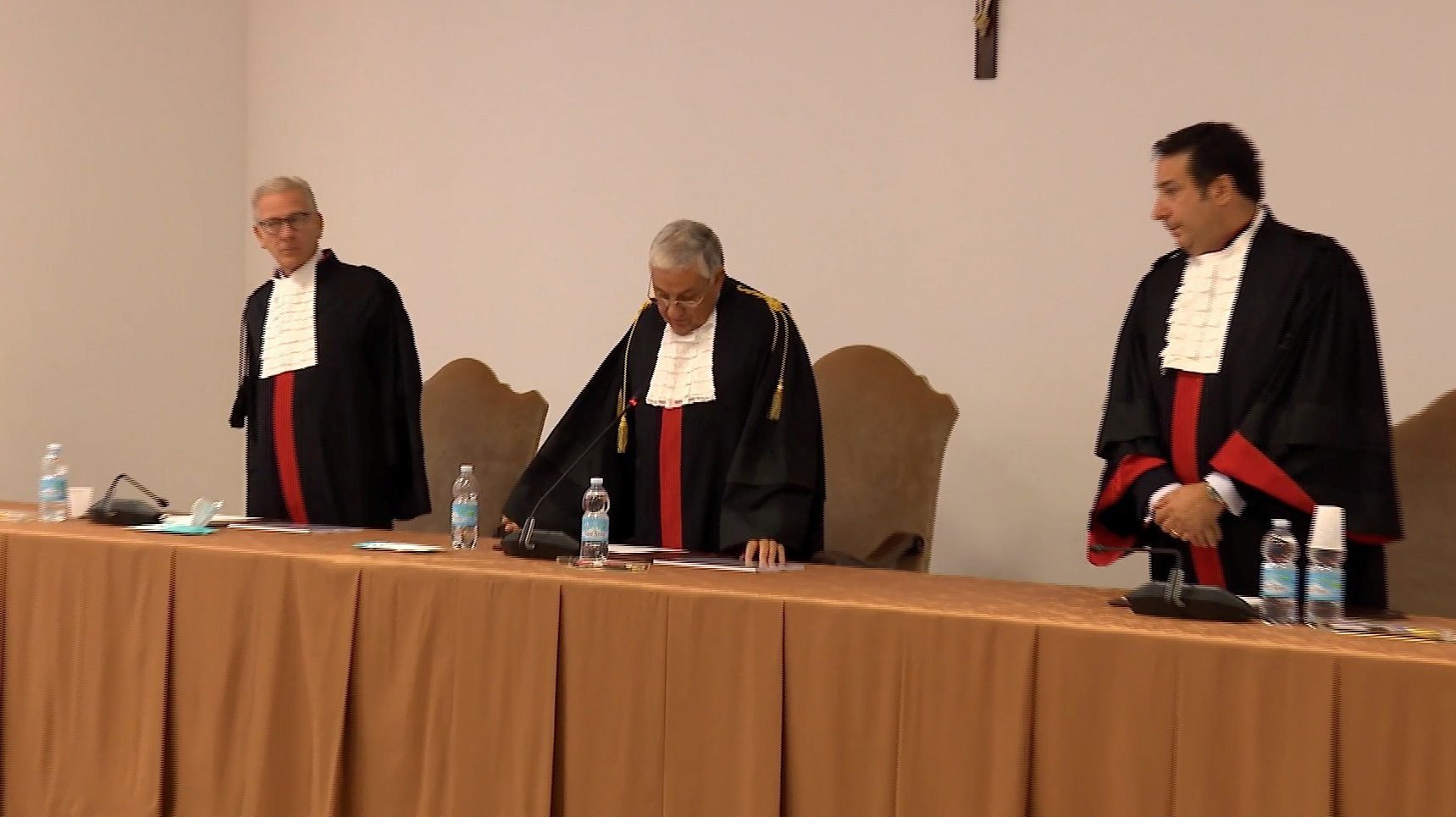 Vatican Court President Giuseppe Pignatone speaks during the verdict of Father Gabriele Martinelli and Msgr. Enrico Radice in this still image taken from video Oct. 6, 2021. The two clergymen, who were accused of sexually abusing a younger student at St. Pius X Pre-Seminary between 2007 and 2012, were cleared of the charges. (CNS photo/Vatican Media via Reuters)