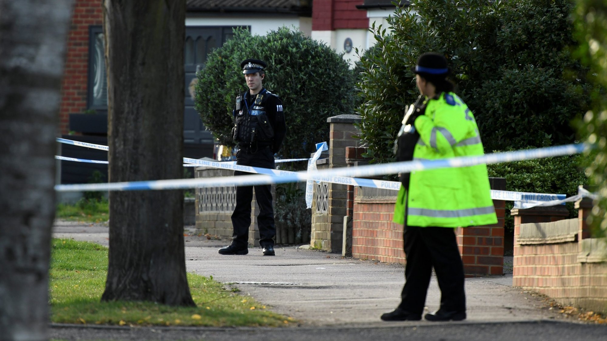Police officers guard the site where British lawmaker David Amess was stabbed while meeting constituents in Leigh-on-Sea, England, Oct. 15, 2021. (CNS photo/Tony O'Brien, Reuters)