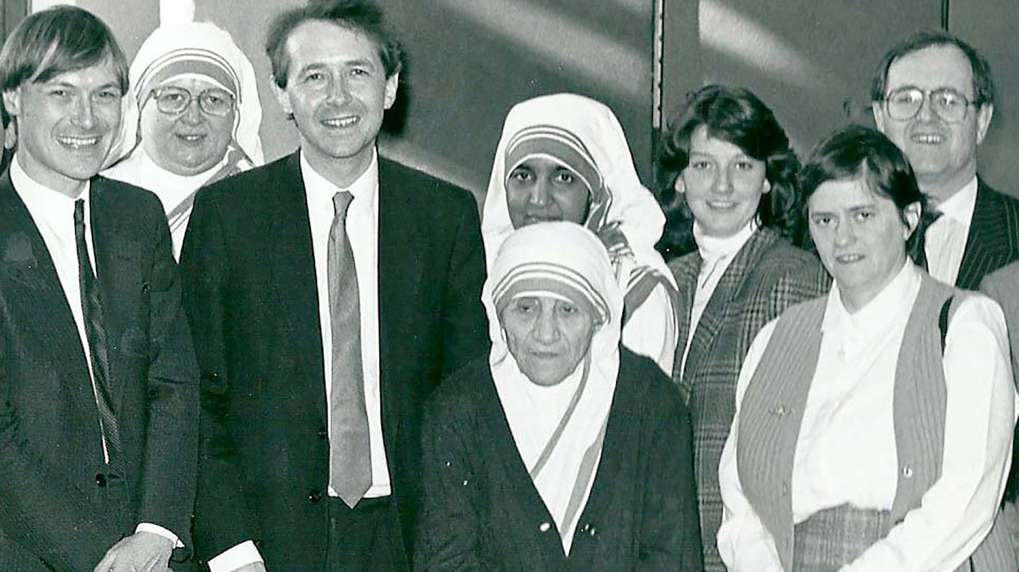 British lawmaker David Amess, farthest left, poses for a picture with a group that includes Mother Teresa in London's Parliament in this 1988 photo. Amess was stabbed while meeting constituents in Leigh-on-Sea, England, Oct. 15, 2021. (CNS photo/courtesy Lord Alton of Liverpool)