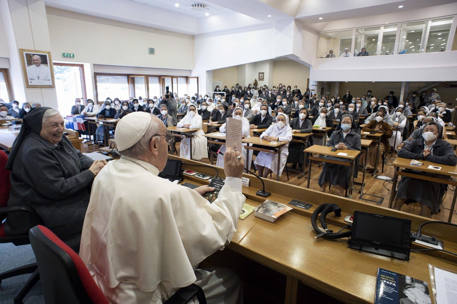 Pope Francis attends a session of the Salesian Sisters' general chapter at their headquarters in Rome Oct. 22, 2021. (CNS photo/Vatican Media)