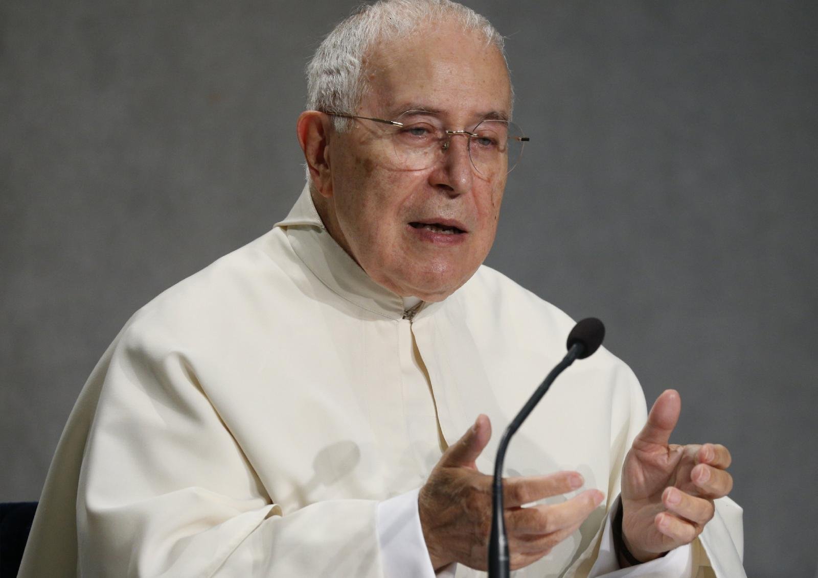 Norbertine Father P. Bernard Ardura, president of the Pontifical Committee for Historical Sciences, speaks during a news conference at the Vatican Oct. 26, 2021. The Vatican announced a conference Oct. 27-29 of historians and experts studying the history of the church in the first centuries of Christianity. (CNS photo/Paul Haring)
