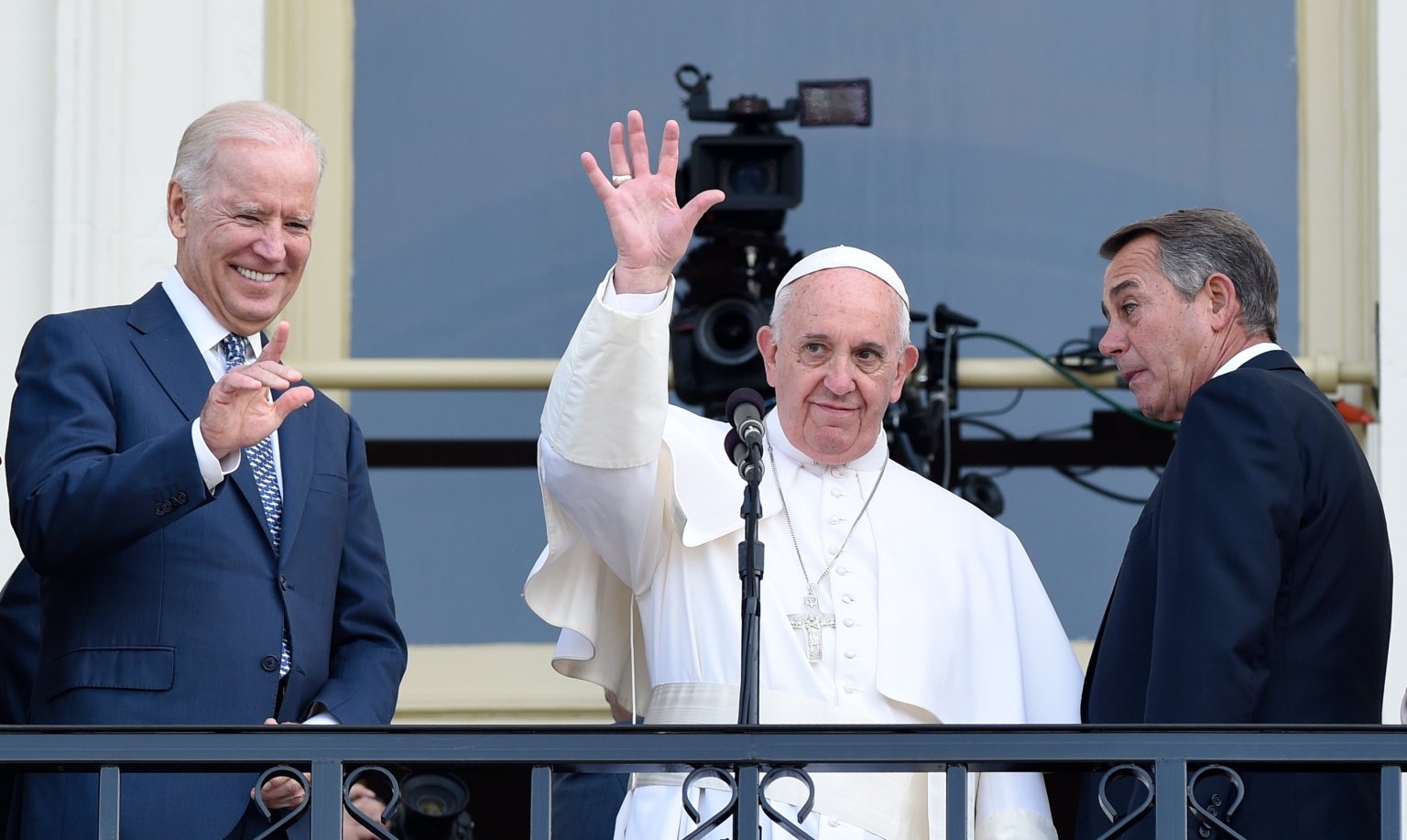 In this Sept. 24, 2015, file photo Pope Francis, flanked by Vice President Joe Biden and House Speaker John Boehner of Ohio, waves to the crowd on Capitol Hill in Washington as they stand on the Speaker's Balcony on Capitol Hill, after the pope addressed a joint meeting of Congress inside. (Susan Walsh/AP via Crux)