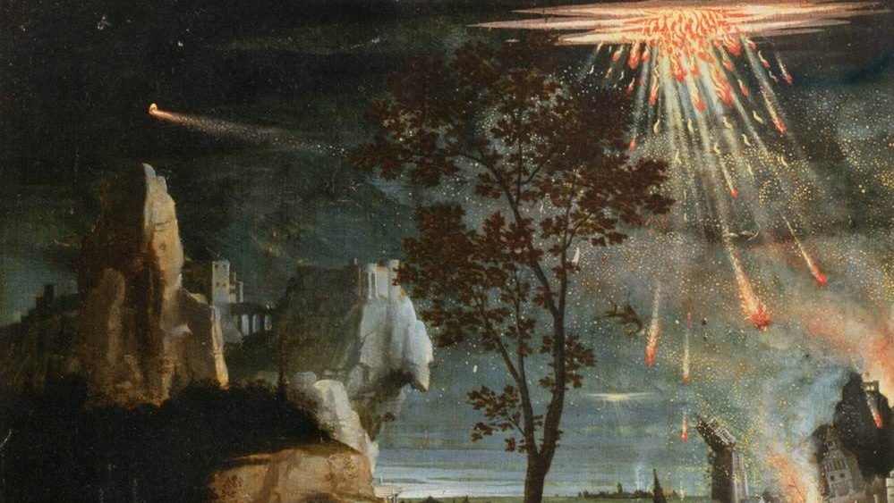 Sodom and Gomorrah's destruction in the background of Lucas van Leyden's "Lot and his Daughters," 1520. (Wikimedia Commons)