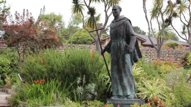 Photograph of a bronze statue of Saint Father Junipero Serra in the Gardens of the Carmel Mission Basilica in Carmel, California. (Terry Huntingdon Tydings/Shutterstock via CNA)