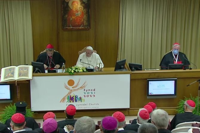 Pope Francis takes part in a moment of reflection for the opening of the synodal path at the Vatican’s New Synod Hall, Oct. 9, 2021. (Screenshot from Vatican News YouTube channel)