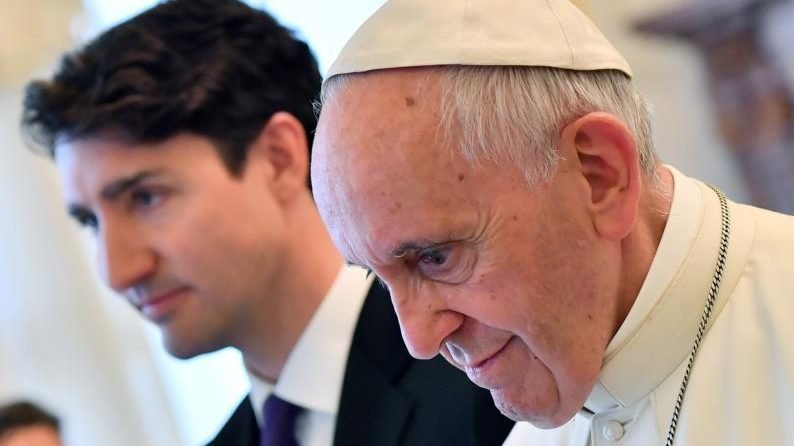Pope Francis meets Canada's Prime Minister Justin Trudeau during a private audience at the Vatican May 29, 2017. Trudeau said he asked the pope to apologize for abuses at Church-run residential schools for Canada's indigenous people. (Ettore Ferrari/Reuters pool via CNS.)