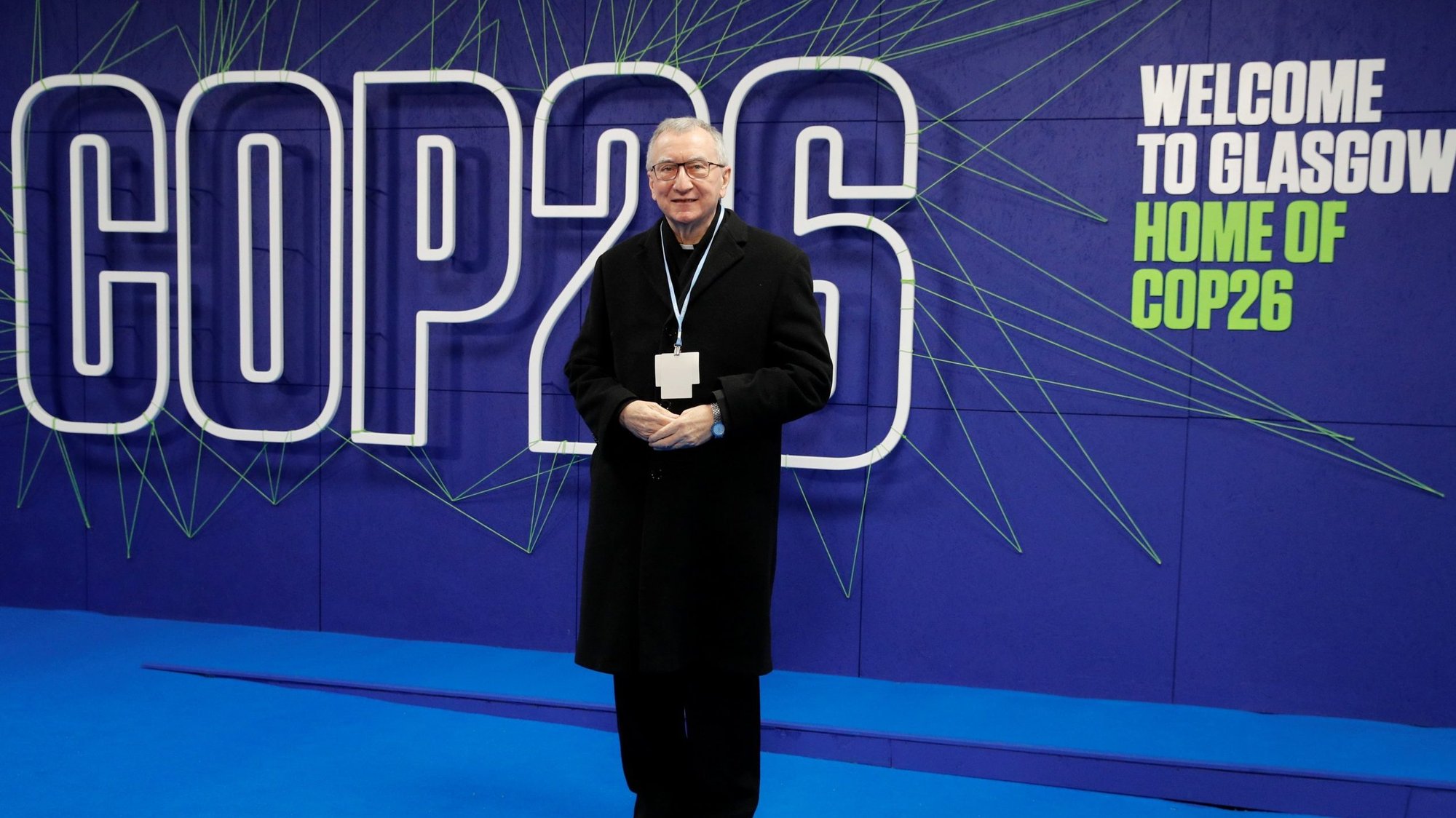 Cardinal Pietro Parolin, Vatican secretary of state, arrives for the U.N. Climate Change Conference, COP26, in Glasgow, Scotland, Nov. 1, 2021. Cardinal Parolin, who leading the Vatican delegation to the conference, said the COVID-19 pandemic has shown a need for a "change of direction" in addressing the climate crisis by strengthening "the covenant between human beings and the natural environment." (CNS photo/Phil Noble, Reuters pool)