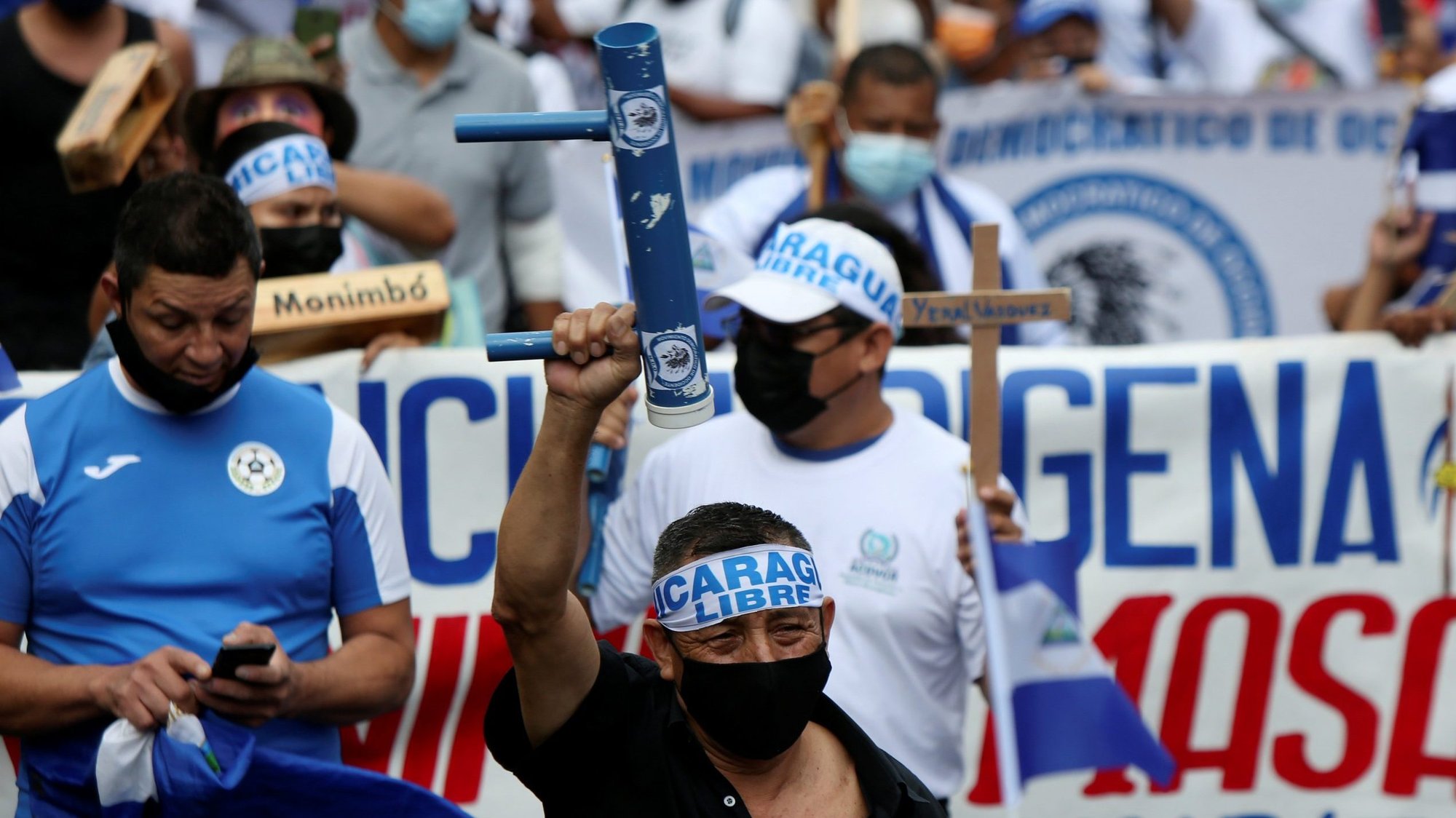 Nicaraguans exiled in Costa Rica march in San Jose, Costa Rica, Nov. 7, 2021, to protest the presidential election in Nicaragua. Seven presidential candidates were disqualified and opposition figures were arrested before President Daniel Ortega won elections. (CNS photo/Mayela Lopez, Reuters)