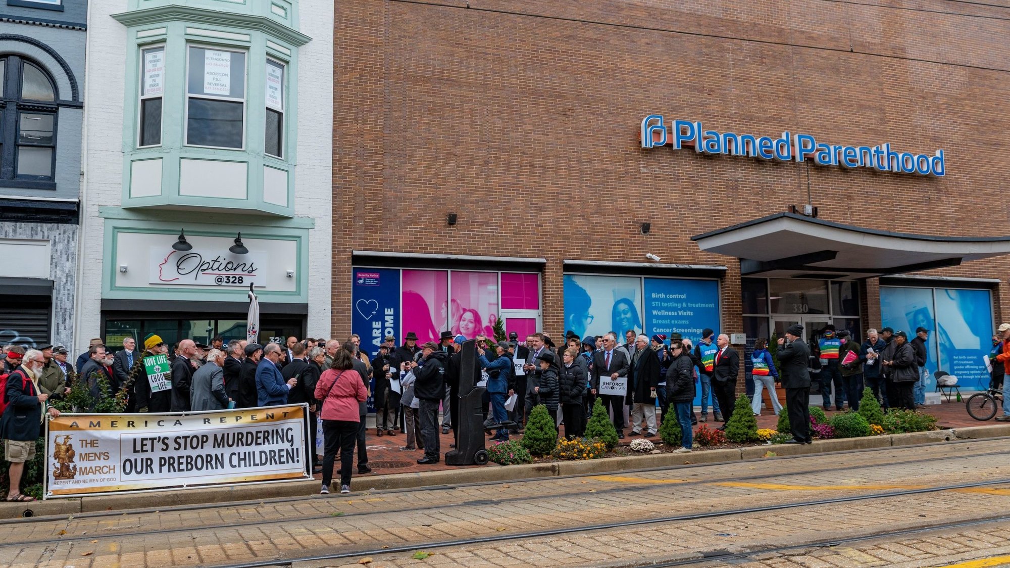Men from around the country gather outside a Planned Parenthood facility in Baltimore Nov. 15, 2021, for the start of the National Men's March to End Abortion. (CNS photo/Kevin J. Parks, Catholic Review)