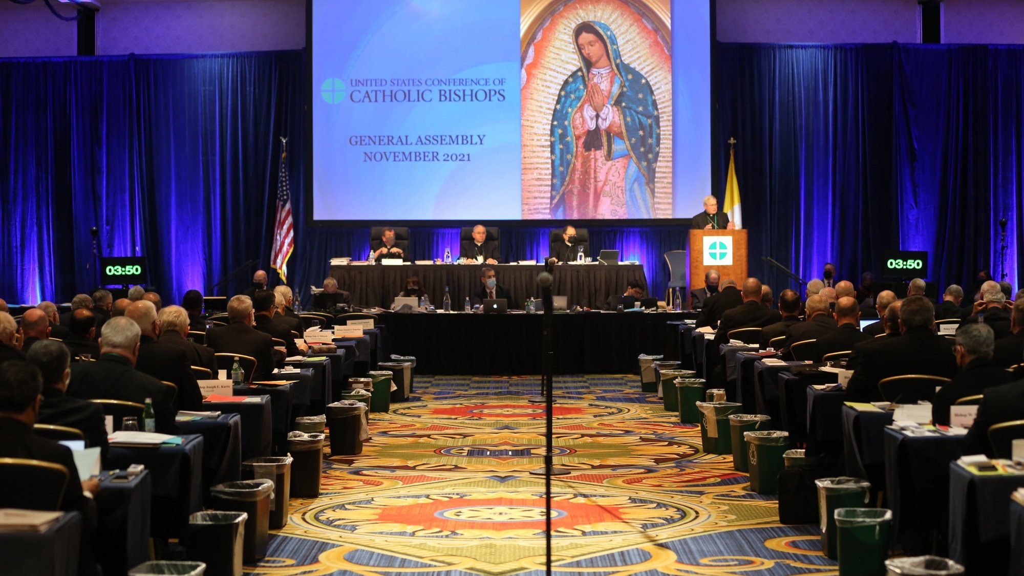 Bishops attend a Nov. 16, 2021, session of the fall general assembly of the U.S. Conference of Catholic Bishops in Baltimore. Due to the COVID-19 pandemic, it is the first in-person bishops' meeting since 2019. (CNS photo/Bob Roller)