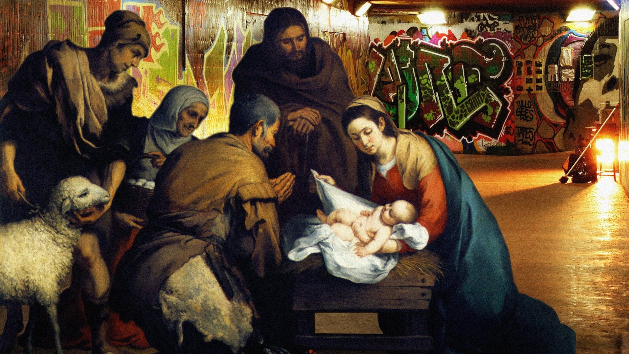 The Holy Family at the Nativity is depicted in this digital collage by Trygve Skogrand. (CNS illustration/Bridgeman Images)