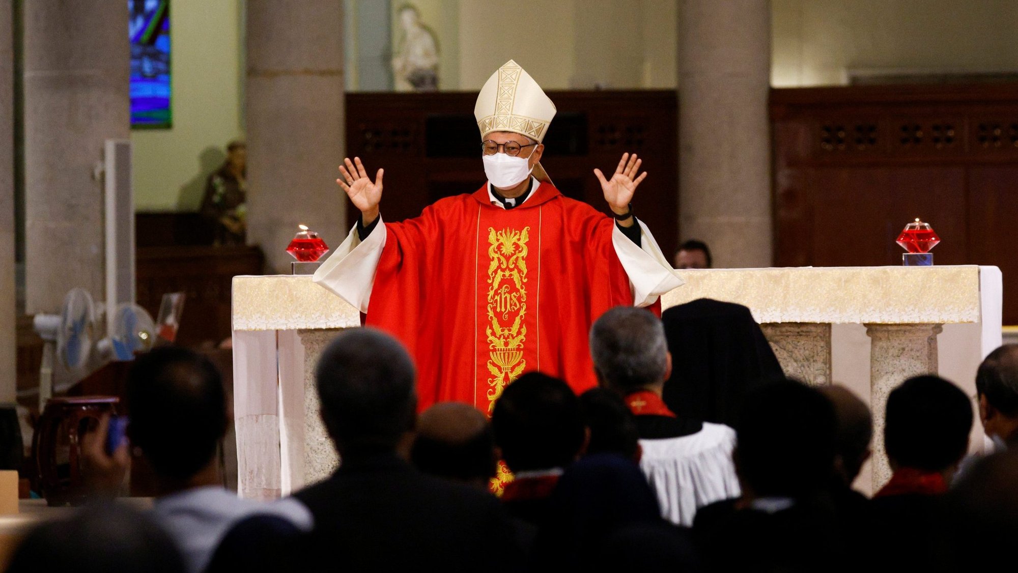Bishop Stephen Chow Sau-yan gestures during his installtion Mass at Immaculate Conception Cathedral in Hong Kong Dec. 4, 2021. (CNS photo/Tyrone Siu, Reuters)