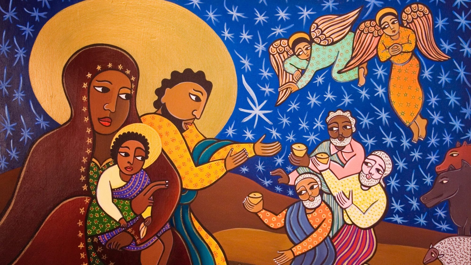 The Holy Family at the Nativity is depicted in this painting by artist Laura James. Christmas, a holy day of obligation, is celebrated Dec. 25. During his Dec. 26, 2021, Angelus, the Pope Francis said as a "Christmas gift" he had written a letter to families. (CNS/Bridgeman Images)