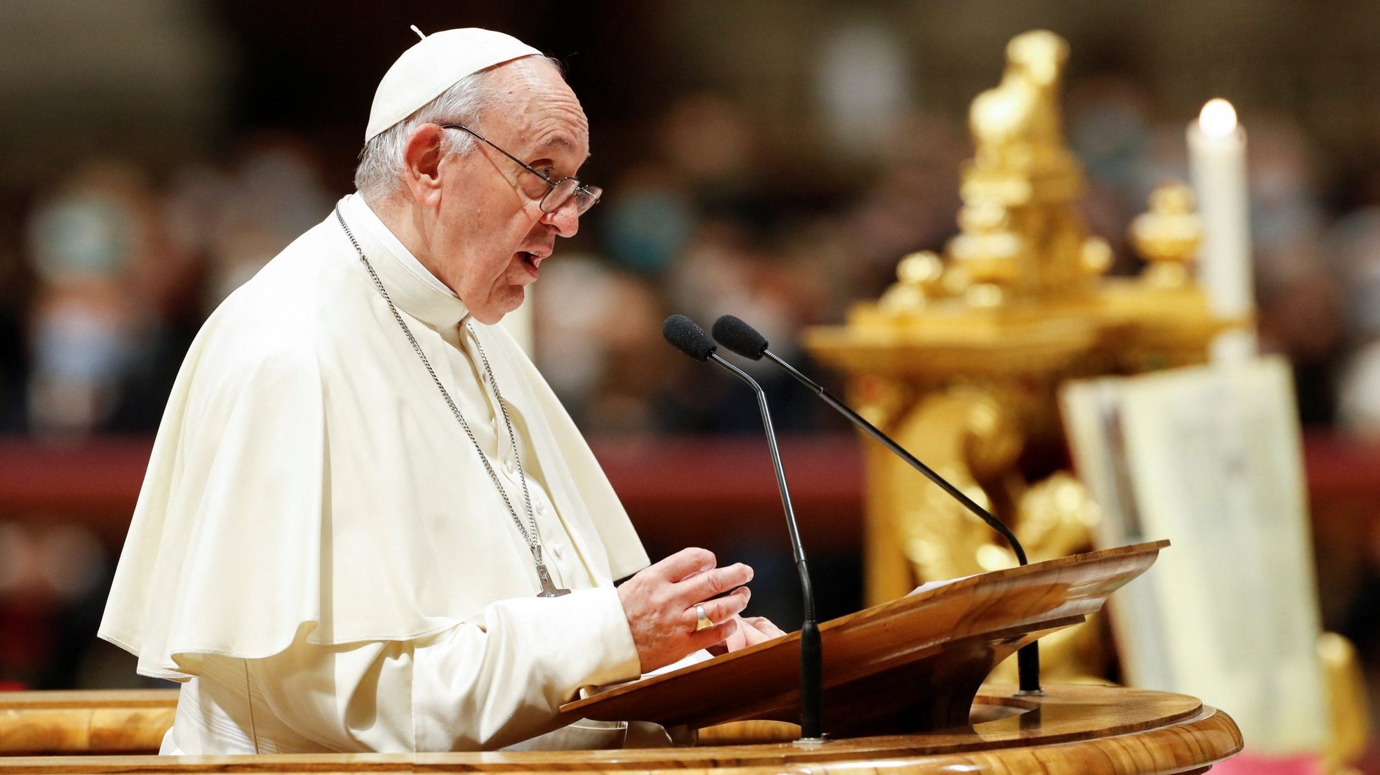 Pope Francis gives the homily during an evening prayer service in St. Peter's Basilica at the Vatican Dec. 31, 2021. The traditional service on New Year's Eve is to give thanks for the past year. (CNS photo/Remo Casilli, Reuters)