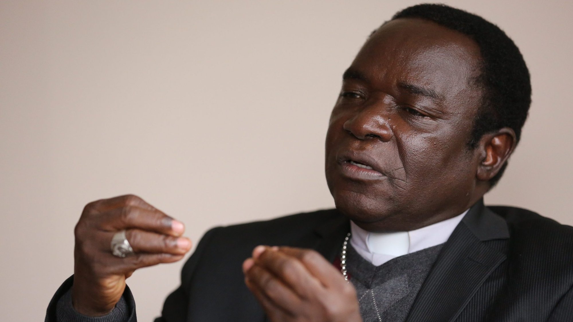 Bishop Matthew Kukah of Sokoto, Nigeria, gestures during an April 29 interview in Washington. On Jan. 14, 2021, the Christian Association of Nigeria told those threatening Bishop Kukah to stop and said security agencies must ensure his safety. (CNS photo/Bob Roller)