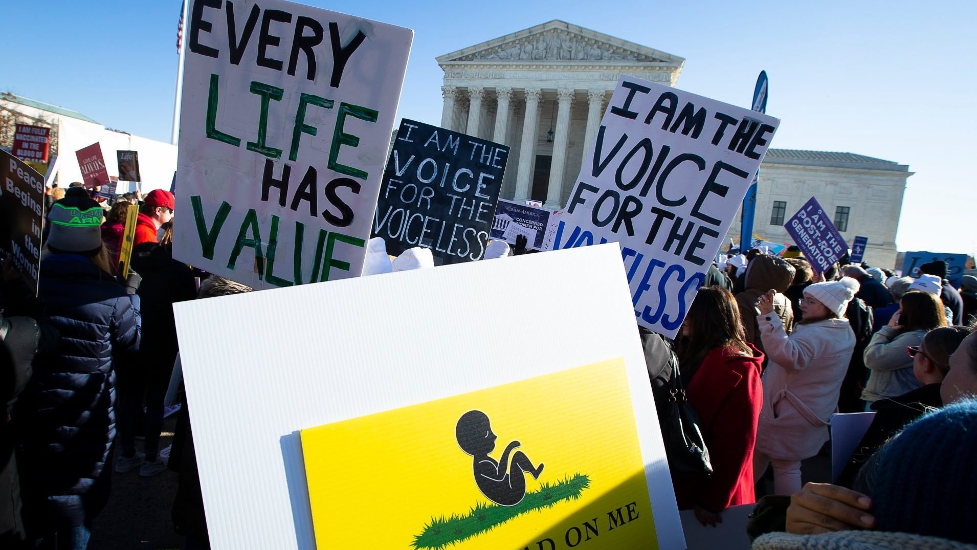 Pro-life advocates are seen near the U.S. Supreme Court Dec. 1, 2021, the day justices heard oral arguments in a case about a Mississippi law that bans abortions after 15 weeks of gestation. (Tyler Orsburn/CNS)