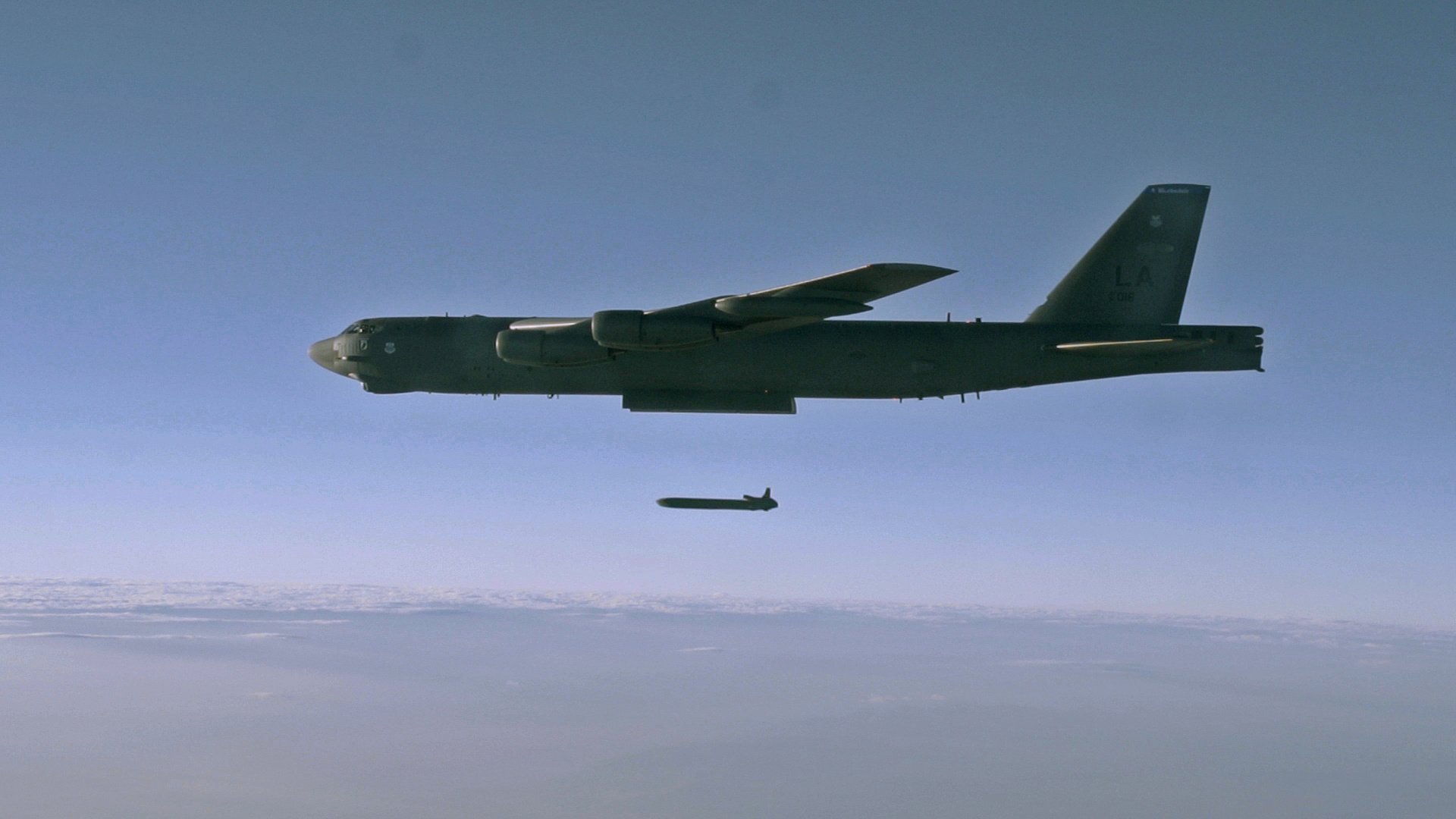 In this 2014 file photo, an unarmed AGM-86B Air-Launched Cruise Missile is released from a B-52H Stratofortress over the Utah Test and Training Range near Salt Lake City during a Nuclear Weapons System Evaluation Program sortie. (CNS photo/Air Force, Staff Sgt. Roidan Carlson, Handout via Reuters)