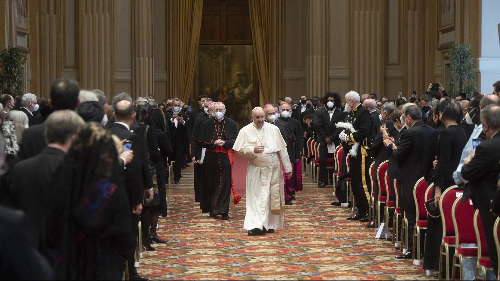 Pope Francis arrives for an annual meeting with diplomats accredited to the Holy See, at the Vatican Jan. 10, 2022. In his address, the pope called for an urgent reality check against misinformation about COVID-19 vaccines. (CNS photo/Vatican Media)