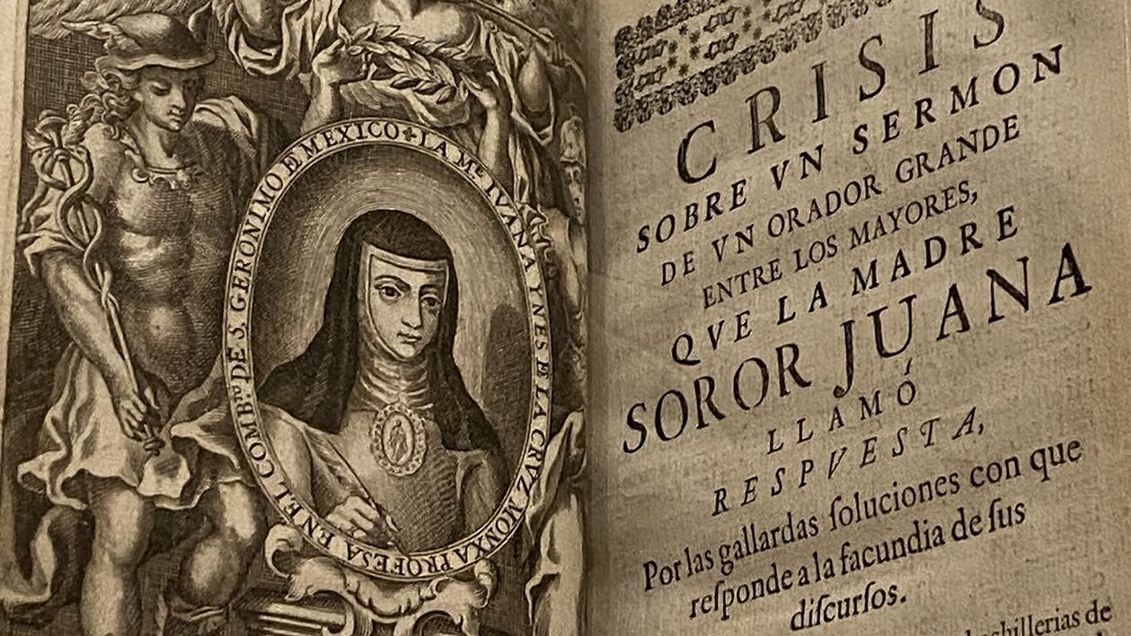 A rare edition of a book written by a Catholic poet, philosopher and nun known as "Sor Juana Ines de la Cruz" is seen on display at the New York Public Library Dec. 29, 2021. It is part of a "Treasures" collection offering the public a glance at some of the library's rarely seen gems, including a ballet slipper designed by Coco Chanel, Virginia Woolf's walking stick and a desk that once belonged to Charles Dickens. (CNS photo/Rhina Guidos)
