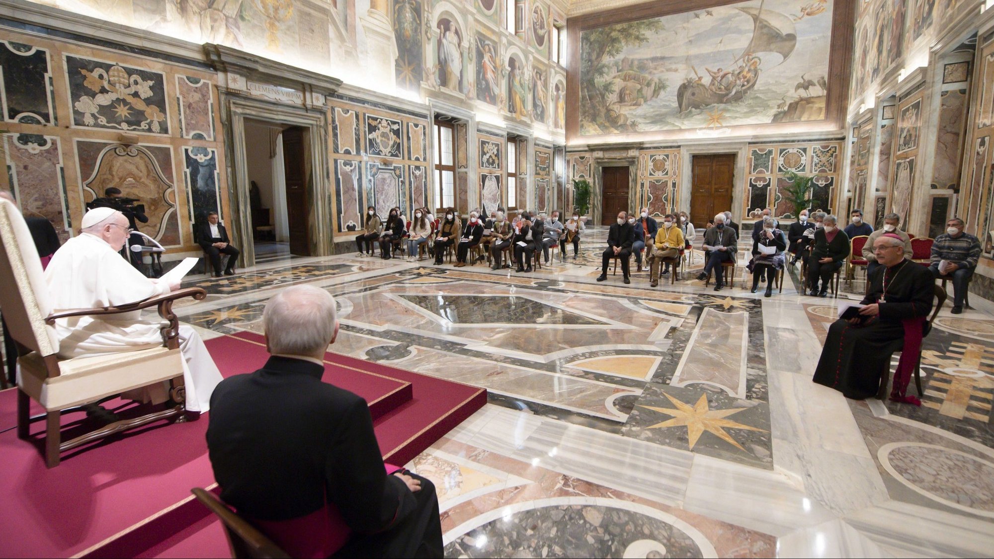 Pope Francis addresses leaders of the French Catholic Action movement during an audience at the Vatican Jan. 13, 2022. The pope told the group that the synodal process is a path of engagement that makes room for the Holy Spirit, and not a "majority consensus like a parliament." (CNS photo/Vatican Media)
