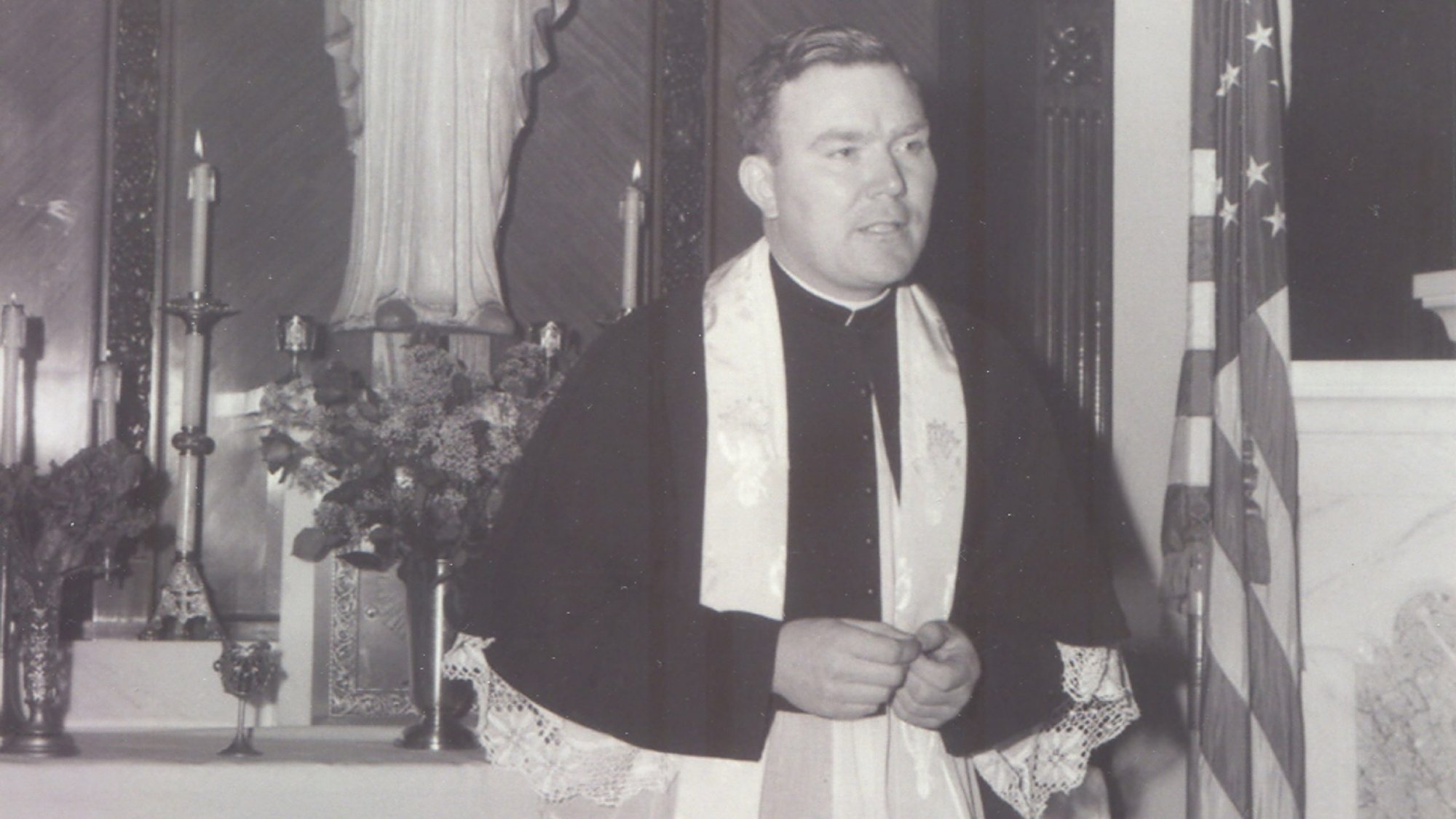 Holy Cross Father Patrick Peyton, a candidate for sainthood, is seen in Long Beach, Calif., in this 1948 file photo. The priest's gratitude for a miraculous healing led him to create a media ministry that popularized the life-changing idea that "the family that prays together stays together." (CNS photo/Robyn Kenney, courtesy Holy Cross Family Ministries)