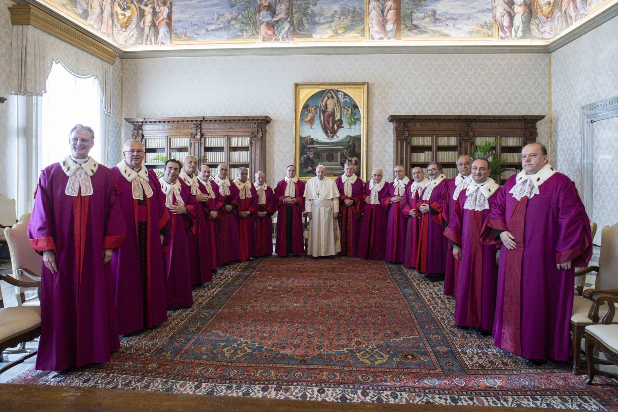 Pope Francis is pictured with members of the Tribunal of the Roman Rota during an audience at the Vatican Jan. 27, 2022. The Vatican court deals mainly with appeals in marriage annulment cases. (CNS photo/Vatican Media)