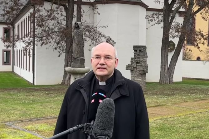 Bishop Helmut Dieser, chairman of the Synodal Way forum on ‘Living in Successful Relationships,’ welcomes the #OutInChurch campaign, Jan. 24, 2022. (Screenshot from Deutsche Bischofskonferenz YouTube channel)