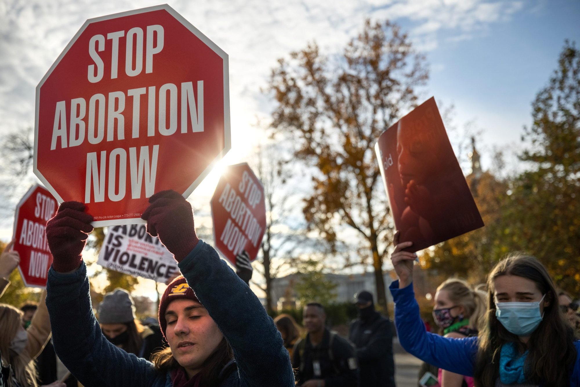Pro-life demonstrators are seen outside the U.S. Supreme Court in Washington Dec. 1, 2021, the day justices heard oral arguments in Dobbs v. Jackson Women's Health Organization about a Mississippi law banning most abortions after 15 weeks. (CNS photo/Evelyn Hockstein, Reuters)
