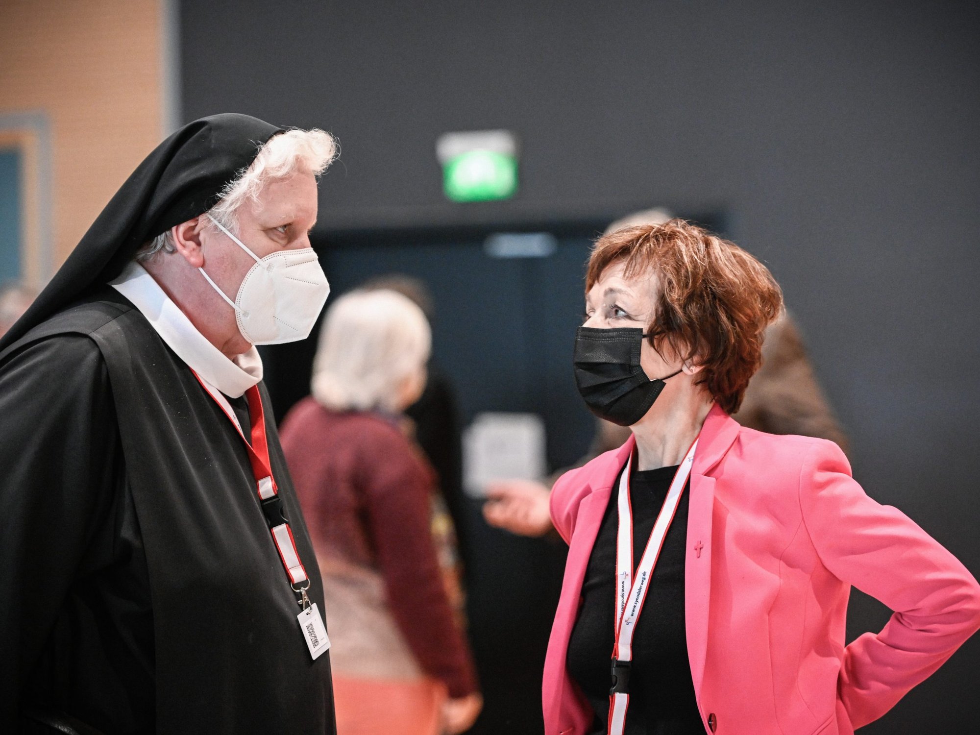 Bendictine Sister Philippa Rath and theologian Agnes Wuckelt, deputy federal president of the Catholic Women's Association of Germany, talk during a break at the third Synodal Assembly in Frankfurt Feb. 4, 2021. (CNS photo/Julia Steinbrecht, KNA)