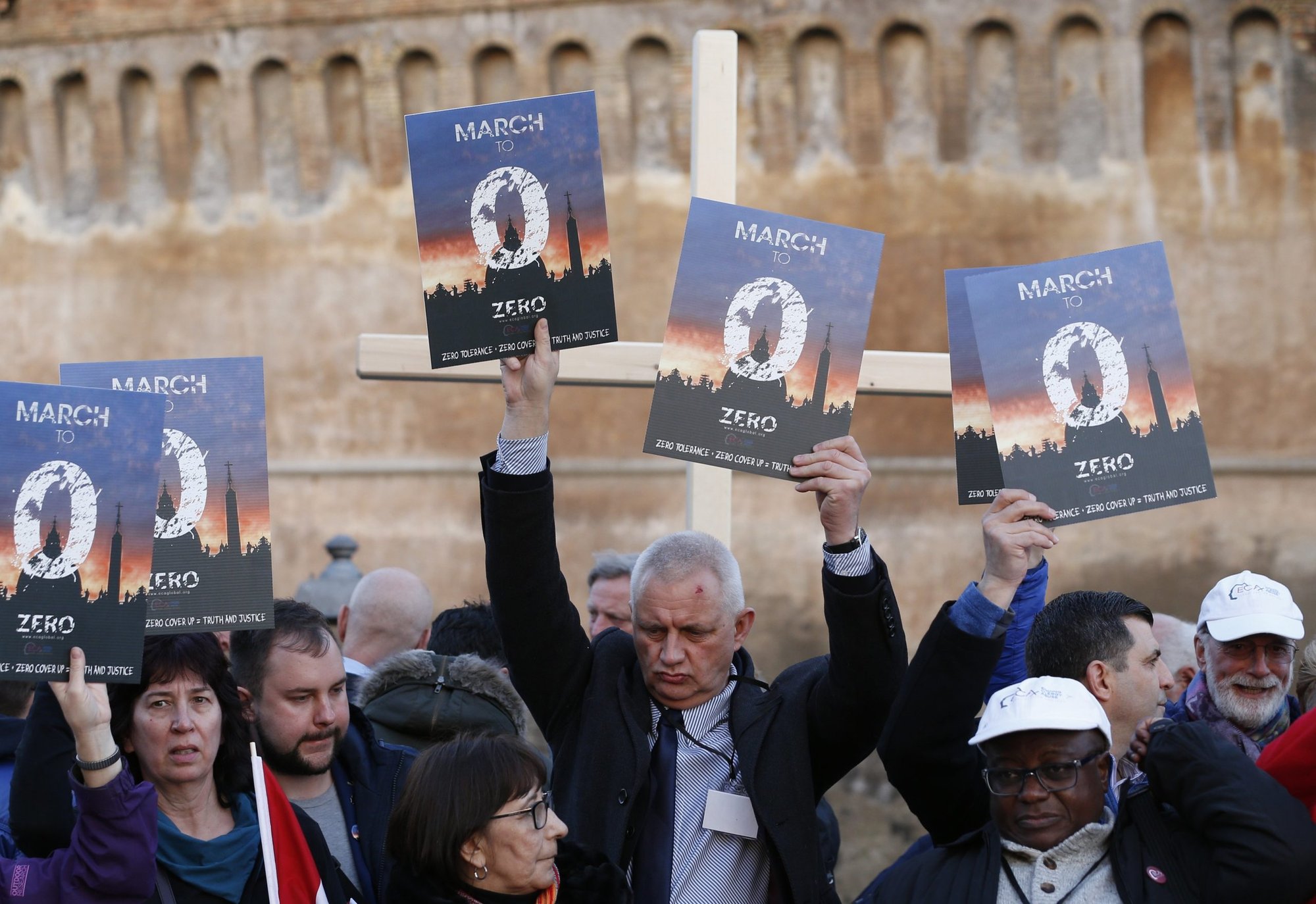 Clerical sex abuse survivors and their supporters rally outside Castel Sant'Angelo in Rome in this Feb. 21, 2019, file photo. Rete L'Abuso, a support network for survivors of clerical sexual abuse, and several Italian associations have launched a new campaign calling for an independent investigation into sexual abuse in the Catholic Church in Italy. (CNS photo/Paul Haring)