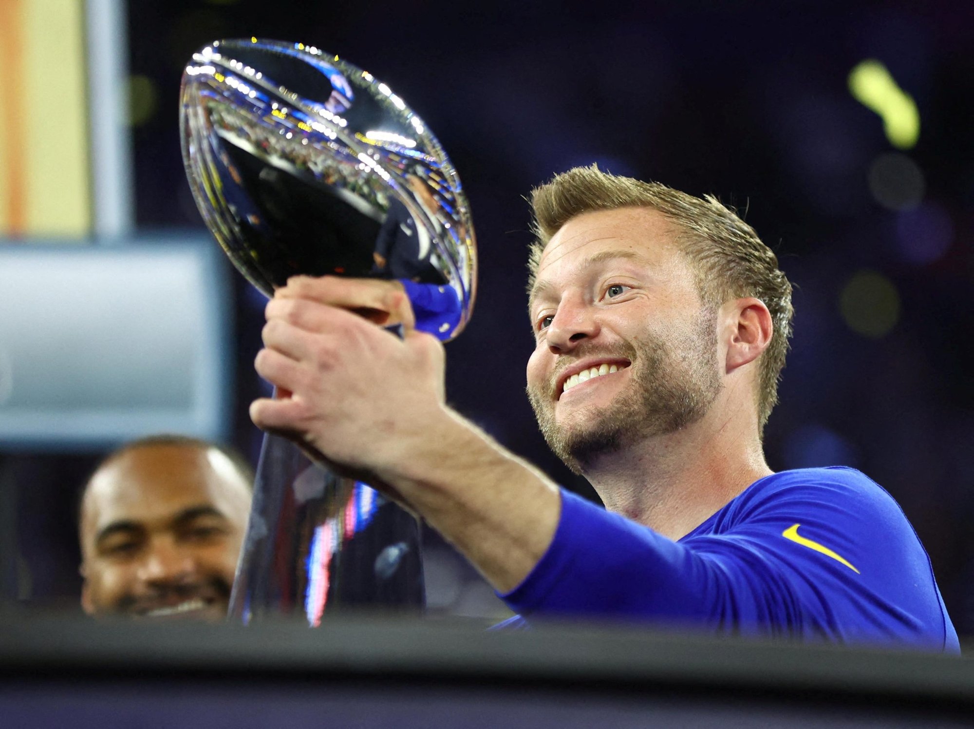 Los Angeles Rams head coach Sean McVay hoists the Lombardi Trophy after the team defeated the Cincinnati Bengals in Super Bowl LVI at SoFi Stadium in Inglewood, Calif., Feb. 13, 2022. (CNS photo/Mark J. Rebilas, USA TODAY Sports via Reuters)