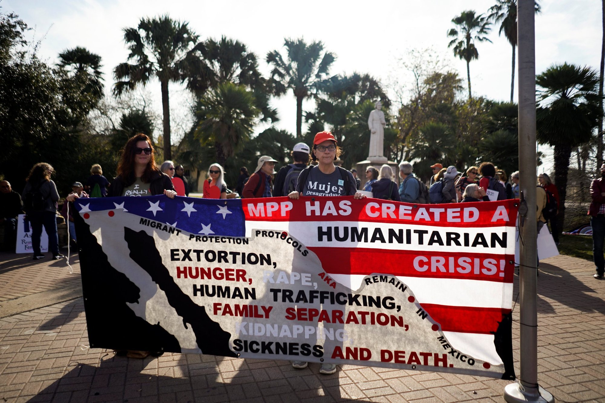 Demonstrators outside a U.S. Customs and Border Protection building in Brownsville, Texas, protest Migrant Protection Protocols, or MPP, Jan. 12, 2020. (CNS photo/Go Nakamura, Reuters)