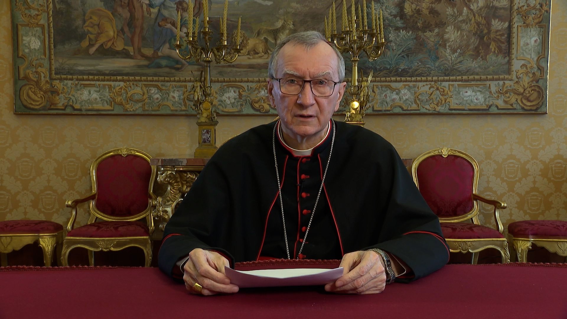 Cardinal Pietro Parolin, Vatican secretary of state, speaks in a message pleading for an end to the hostilities in Ukraine, in this still image taken from video released by the Vatican Feb. 24, 2022. Russian President Vladimir Putin on Feb. 24 launched a wide-ranging attack on cities across Ukraine. (CNS photo/Vatican Media)