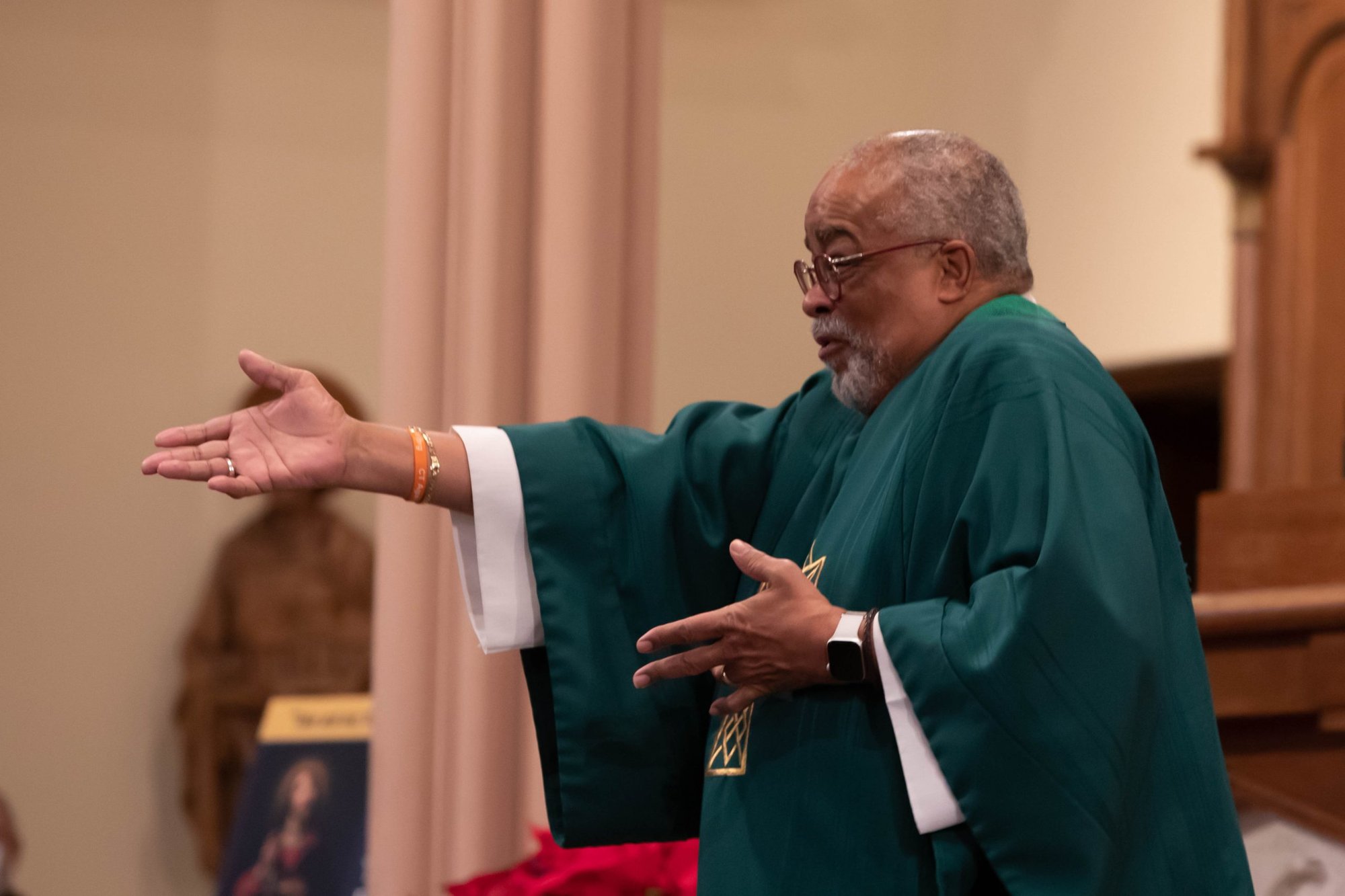 Deacon Arthur Miller, of the Archdiocese of Hartford, Conn., delivers the homily at Mass at St. Michael's Cathedral in Springfield, Mass., Jan. 16, 2022. Deacon Miller was a neighbor and schoolmate of Emmett Till, the Black teenager from Chicago who was murdered by white men while he was visiting relatives in Mississippi in 1955. (CNS photo/Mary Jeanne Tash, Diocese of Springfield)