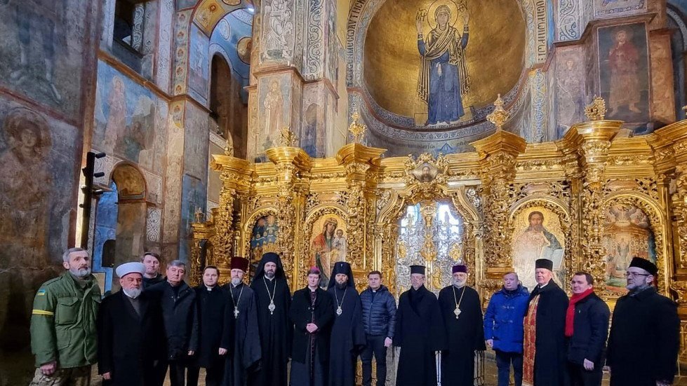Religious leaders gather at St. Sophia Cathedral in Kyiv, Ukraine, March 2, 2022, to pray for peace, despite the city being shelled with Russian rockets. (CNS photo/risu.ua)