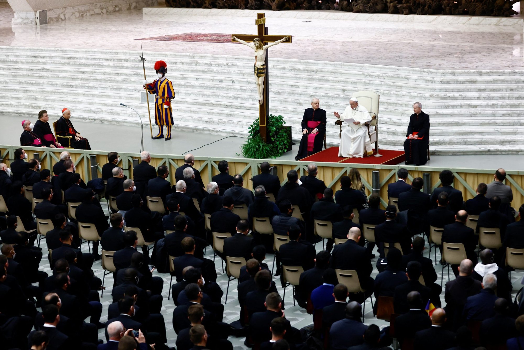 Pope Francis speaks during a meeting with priests and seminarians attending an annual conference on the internal forum in Paul VI hall at the Vatican March 25, 2022. (CNS photo/Yara Nardi, Reuters)
