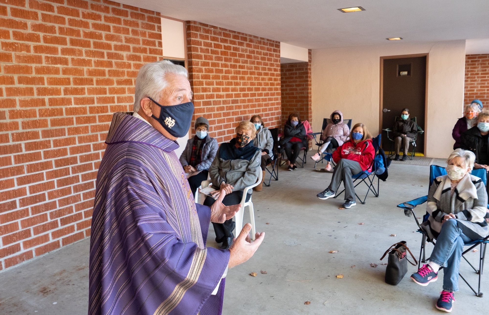 Msgr. Gehl preaches at an outdoor Mass at St. Euphrasia Church in Granada Hills in December 2020. (JohnMichael Filippone)