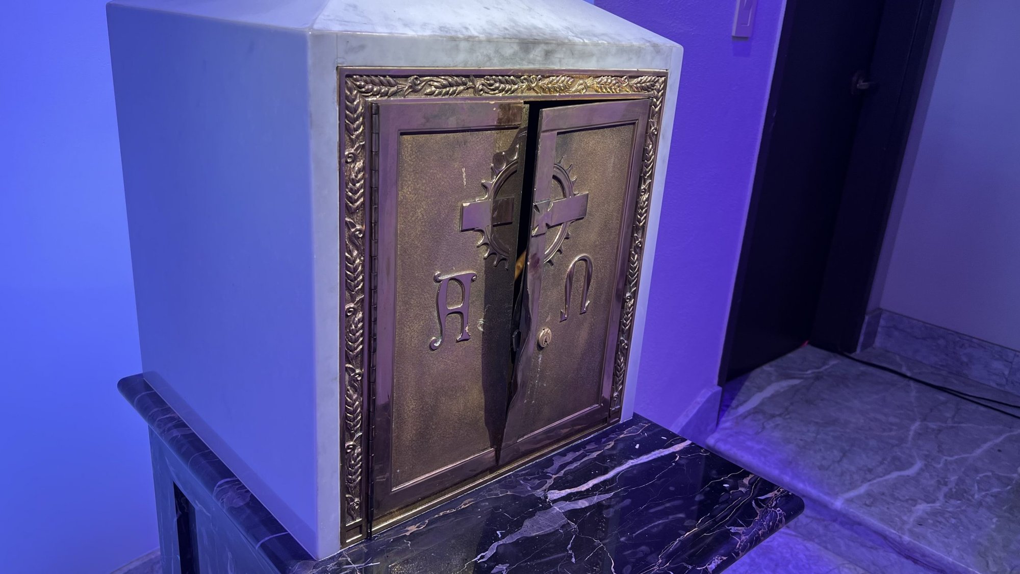 The tabernacle damaged by burglars at St. Monica’s. (St. Monica Catholic Church)
