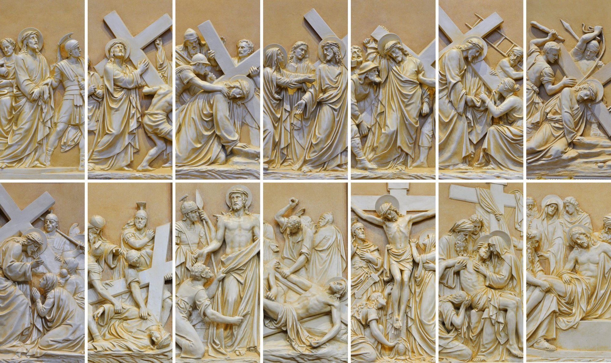 The 14 Stations of the Cross at the Cathedral of the Incarnation in Nashville, Tennessee, are seen in this composite photo. (CNS composite; photos by Katie Peterson, Tennessee Register)