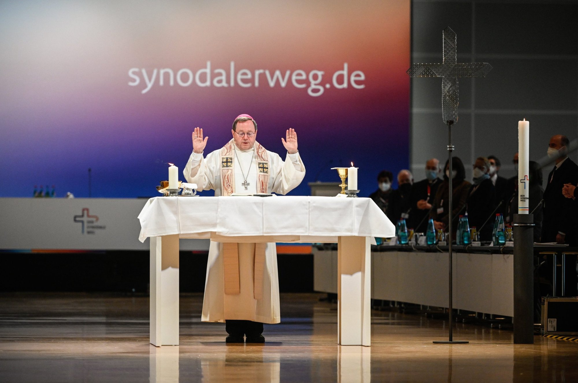 Bishop Georg Bätzing, president of the German bishops' conference, celebrates Mass during the third Synodal Assembly in Frankfurt Feb. 4, 2021. (CNS photo/Julia Steinbrecht, KNA)